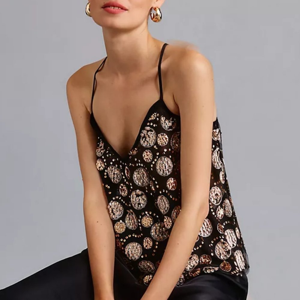 Anthropologie Let Me Be Sequin Embellished Tank Top Black - Medium